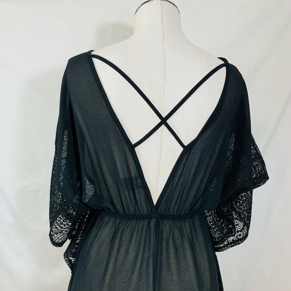 Beach Sheer Cover Up Dress Size Small Black Ruffle VNeck - Picture 7 of 12